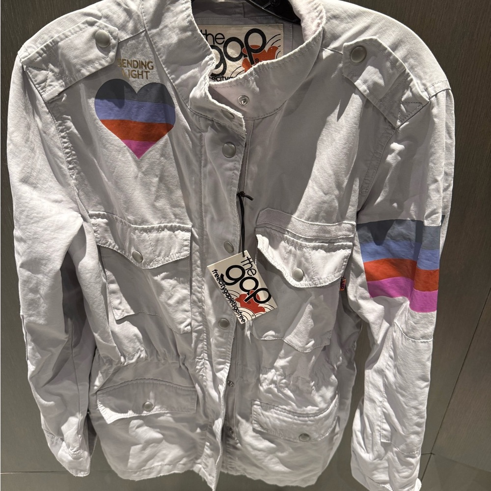 NWT The Gap and Free City Collab Light Grey Jacket with Heart and Stripe Design